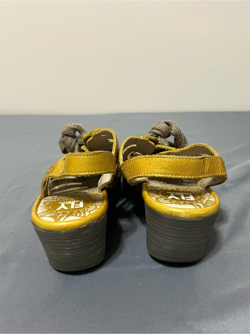 FLY London Ylfa Mustard Yellow Laced Boho Suede Wedges Sandals sz EU 38, US 9